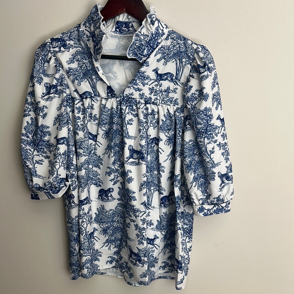 Blue and White Animal Women's Top